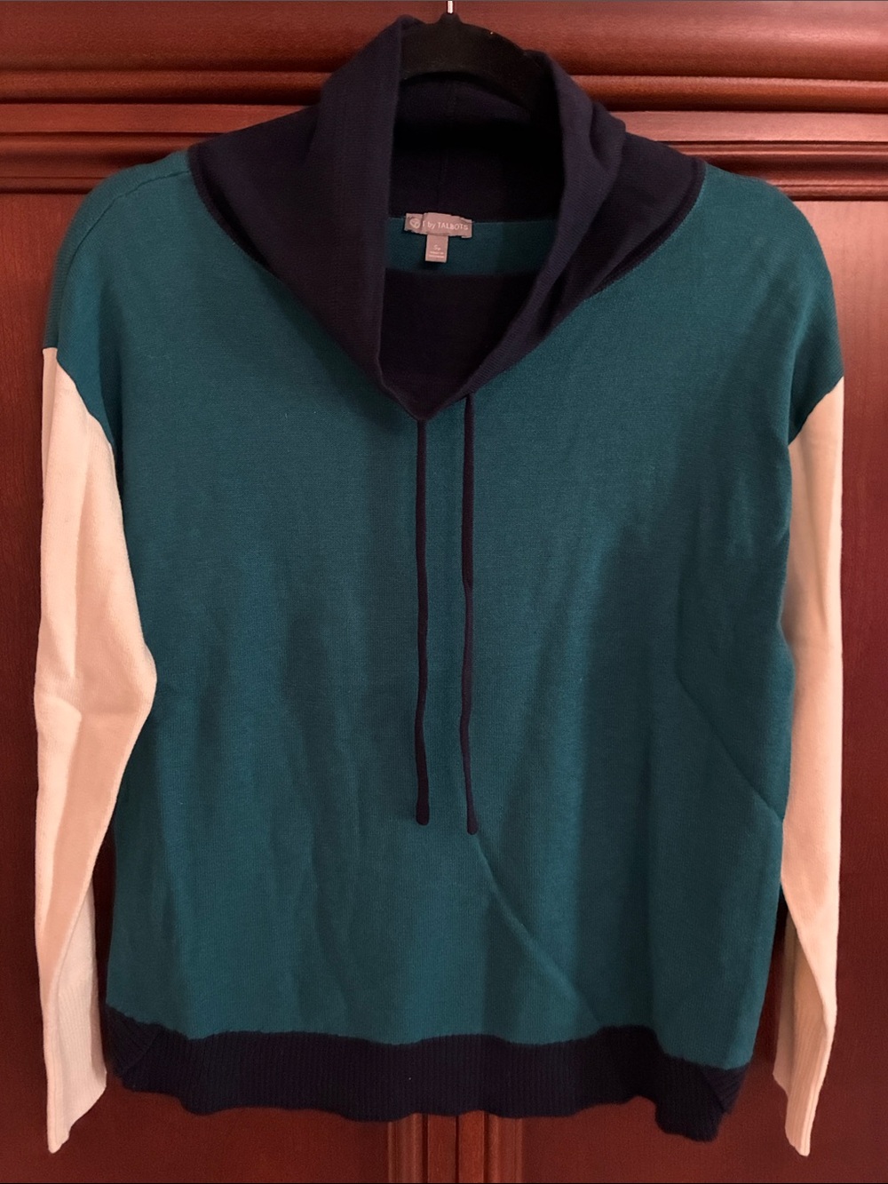 Talbots Teal, Navy & Cream Hooded Pullover Sweater
